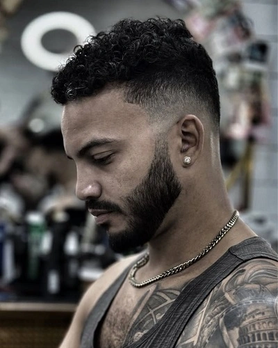 Mid Fade Curly Hair with Beard