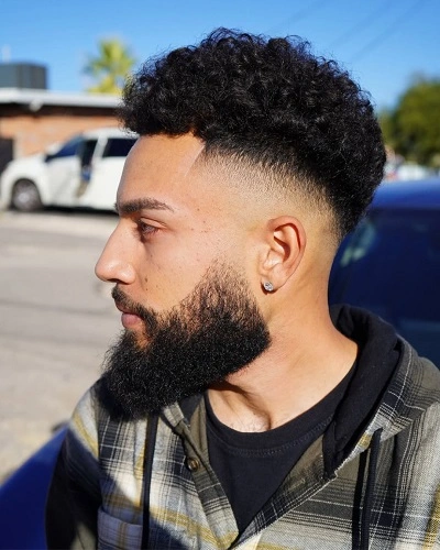 Mid Fade Curly Hair with Beard